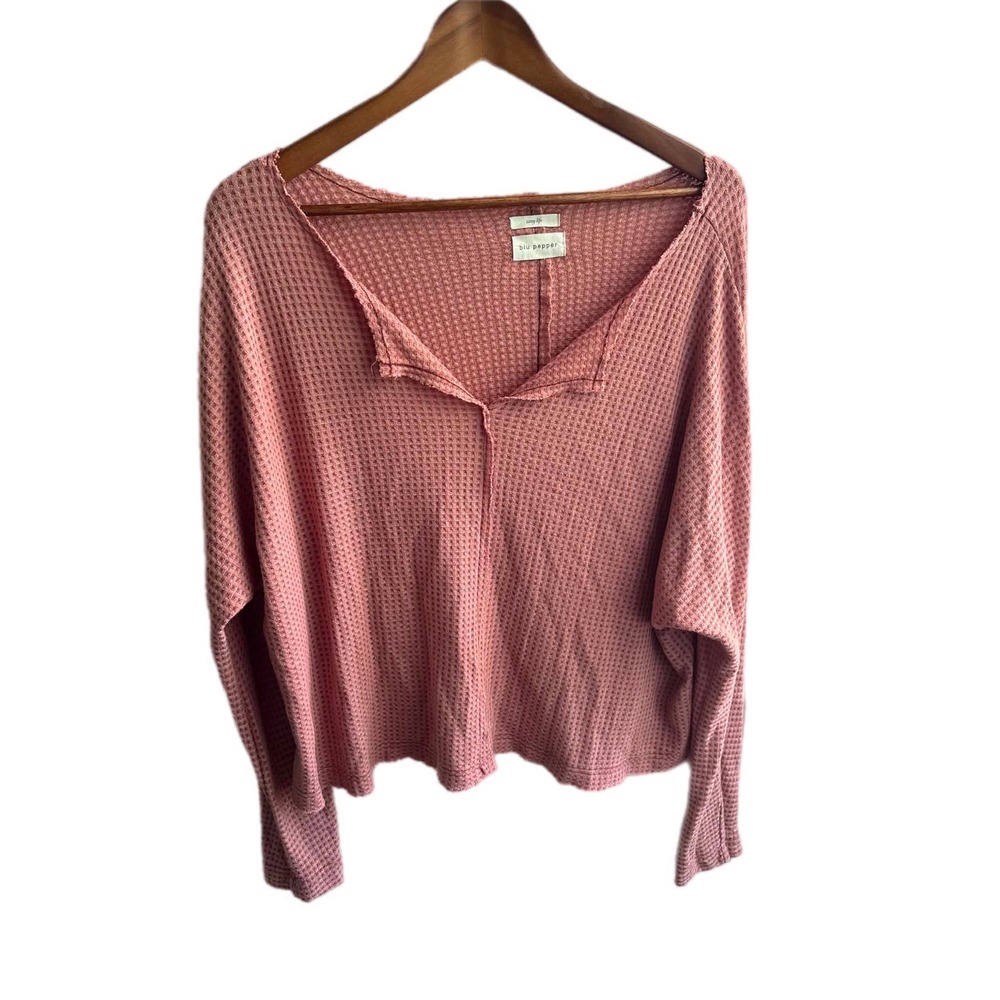 Blu Pepper Waffle Knit Top Womens Large Pink‎ Excellent Notched Neck Long Sleeve